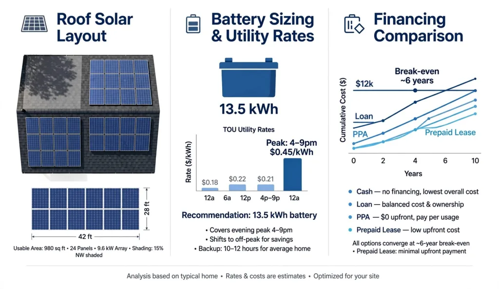 Sample custom solar system design: roof layout, battery sizing, and financing breakdown